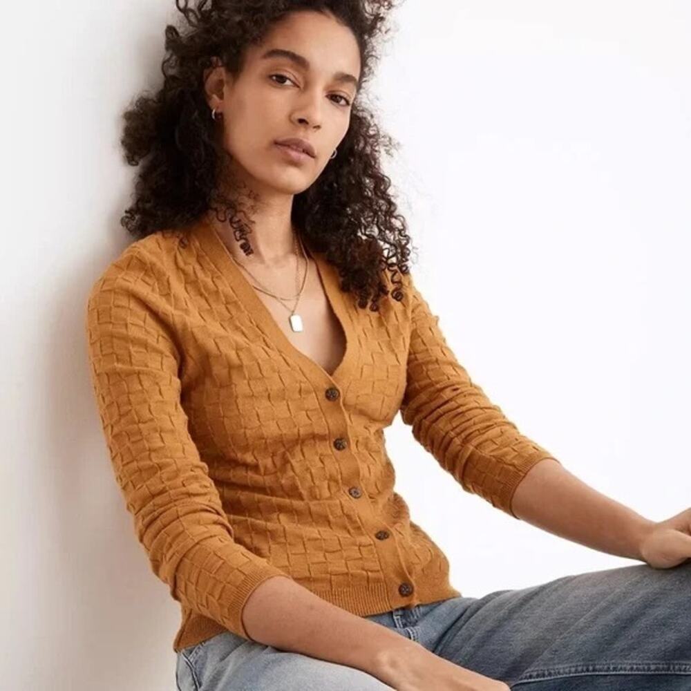 Madewell Checkered Knit Button Down Cardigan Mustard Yellow Women’s Size XL - Picture 1 of 9